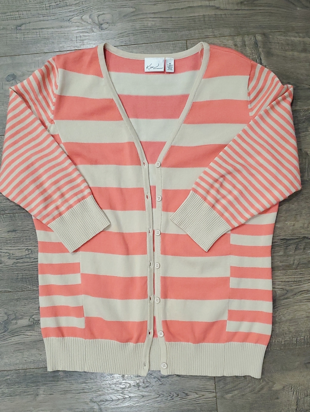 Kim Rogers Coral and Cream Striped Button-Up Cardigan